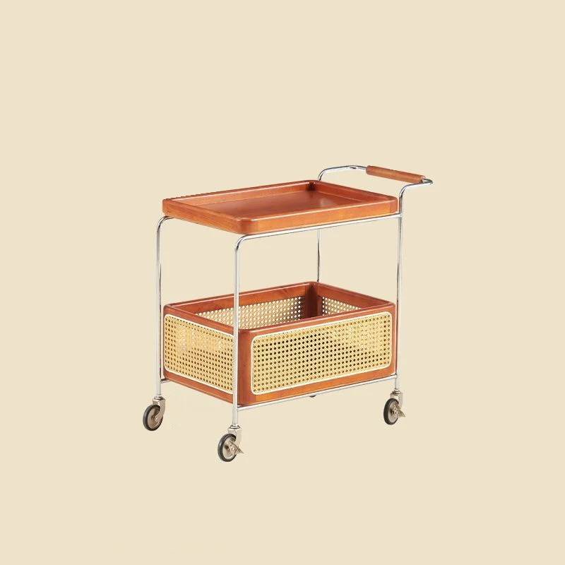 Traditional Rustic Rectangular Rubberwood Plywood Stainless Steel Movable End Table 2-Tier For Living Room