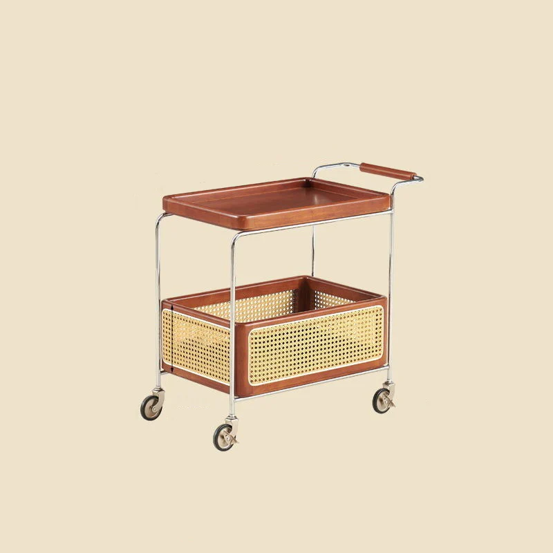 Traditional Rustic Rectangular Rubberwood Plywood Stainless Steel Movable End Table 2-Tier For Living Room