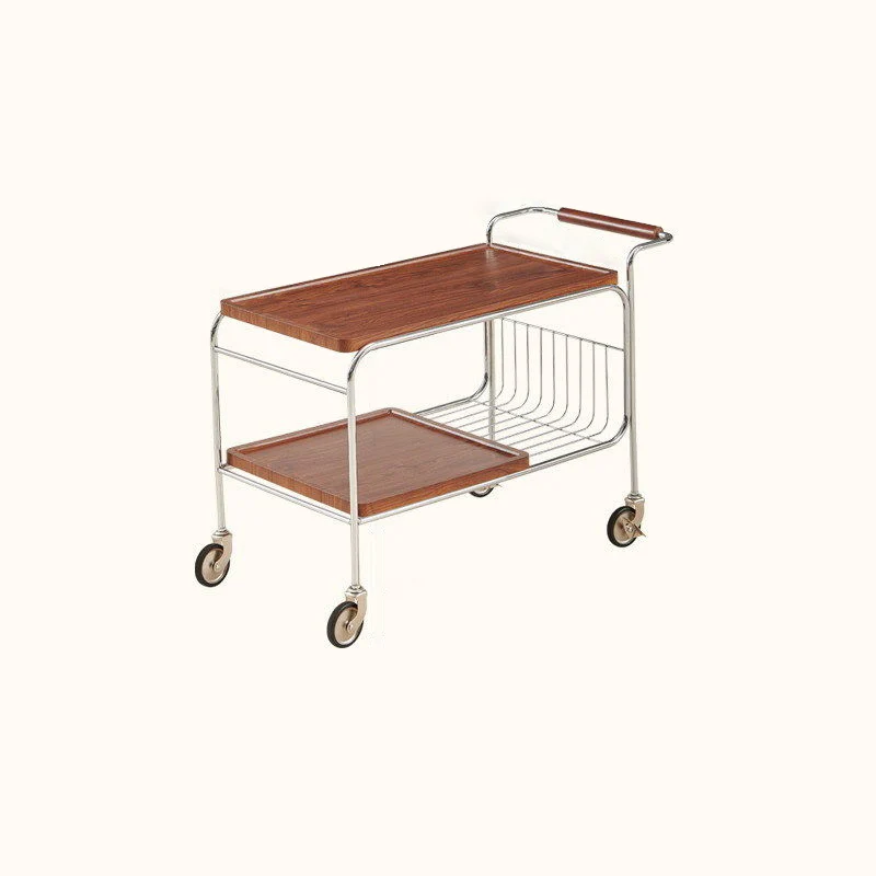 Traditional Rustic Rectangular Rubberwood Plywood Stainless Steel Movable End Table 2-Tier For Living Room