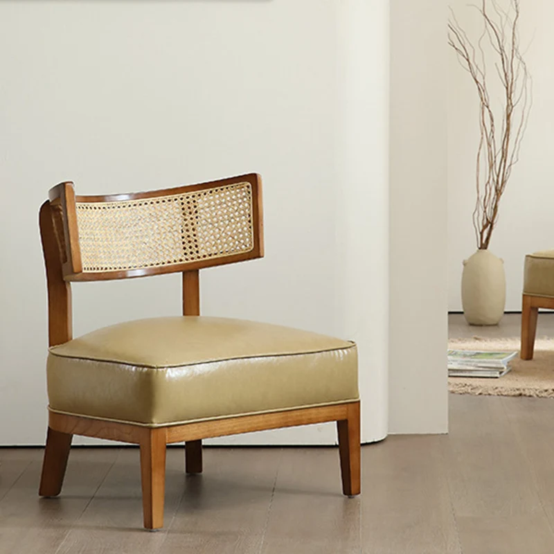 Traditional Rustic Arc Rectangular Ash Wood Faux Leather Sponge Rattan Weaving Accent Chair Backrest Armless For Living Room