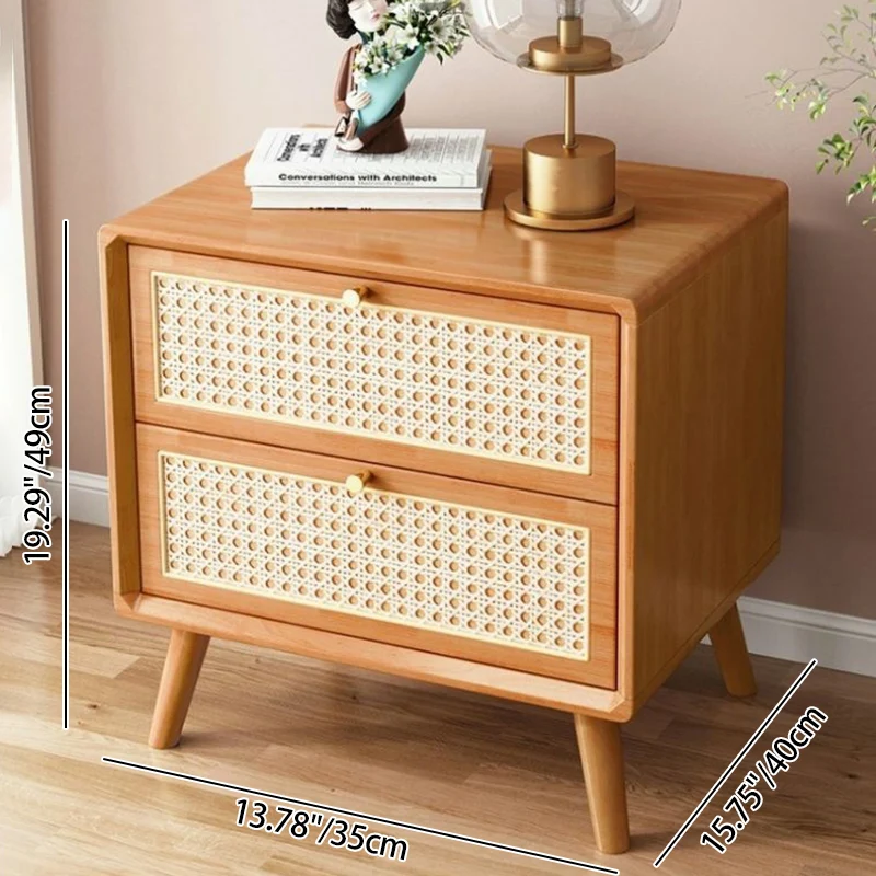 Traditional Rustic Rectangular Rubberwood Pine Wood Plywood Metal Rattan Weaving Nightstand 2-Drawer For Bedroom