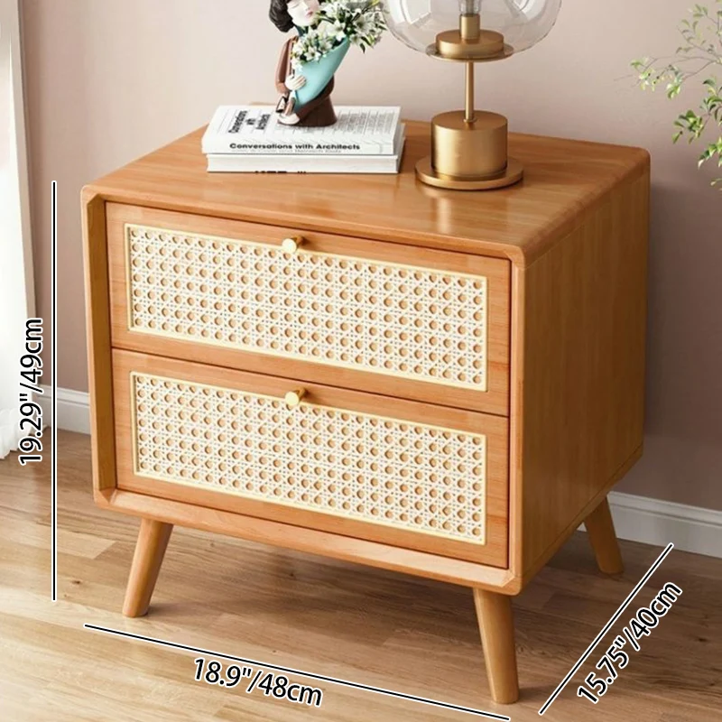 Traditional Rustic Rectangular Rubberwood Pine Wood Plywood Metal Rattan Weaving Nightstand 2-Drawer For Bedroom