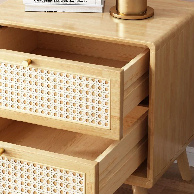 Traditional Rustic Rectangular Rubberwood Pine Wood Plywood Metal Rattan Weaving Nightstand 2-Drawer For Bedroom