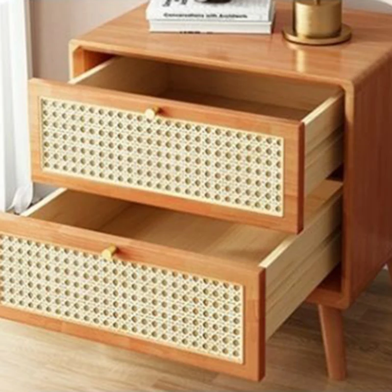 Traditional Rustic Rectangular Rubberwood Pine Wood Plywood Metal Rattan Weaving Nightstand 2-Drawer For Bedroom