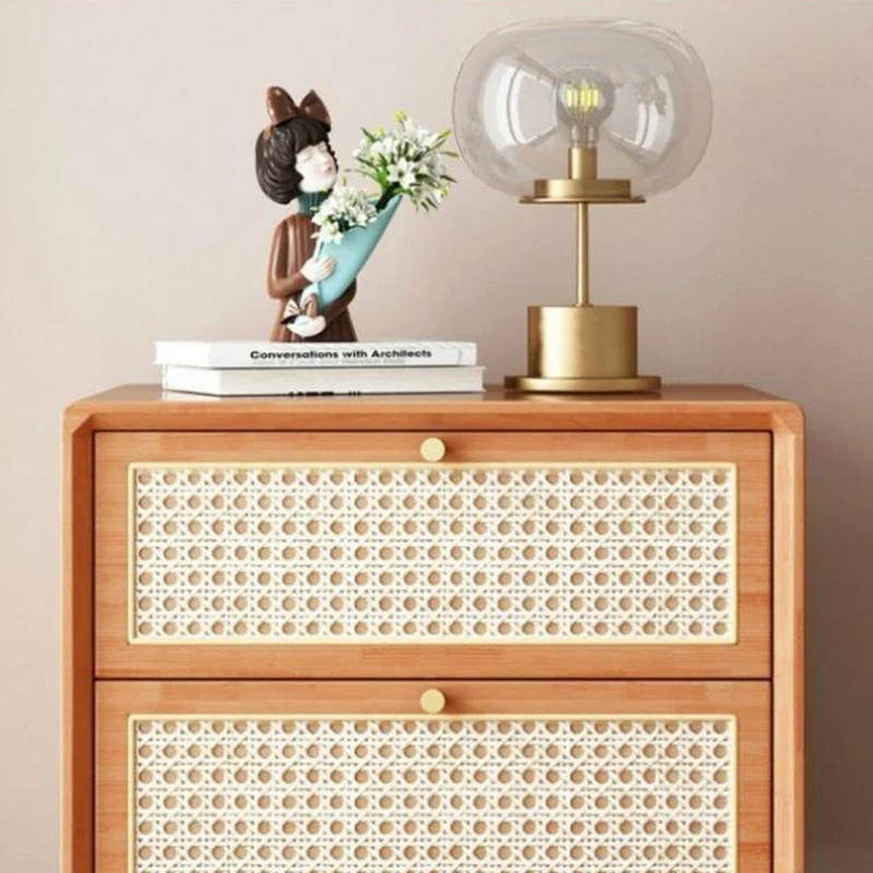 Traditional Rustic Rectangular Rubberwood Pine Wood Plywood Metal Rattan Weaving Nightstand 2-Drawer For Bedroom