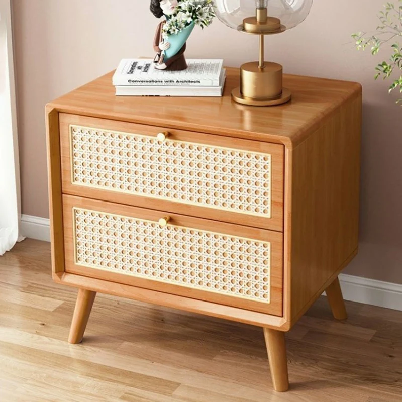 Traditional Rustic Rectangular Rubberwood Pine Wood Plywood Metal Rattan Weaving Nightstand 2-Drawer For Bedroom