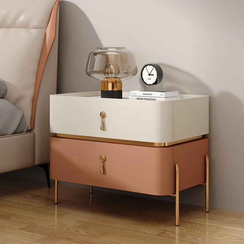 Contemporary Luxury Cuboid MDF PU Leather Rock Board Carbon Steel Metal Nightstand 2-Drawer For Bedroom