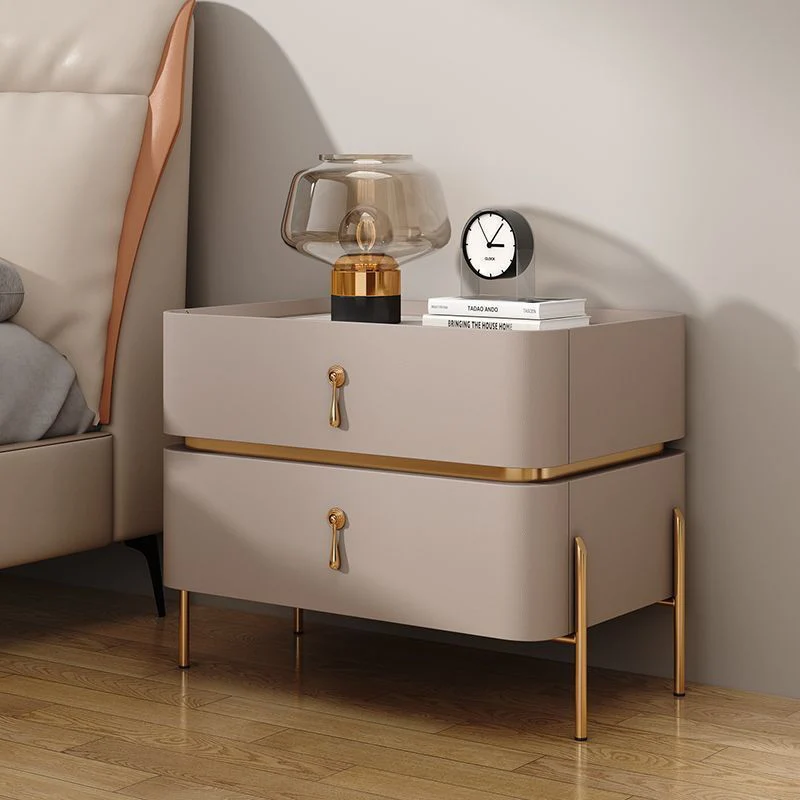 Contemporary Luxury Cuboid MDF PU Leather Rock Board Carbon Steel Metal Nightstand 2-Drawer For Bedroom