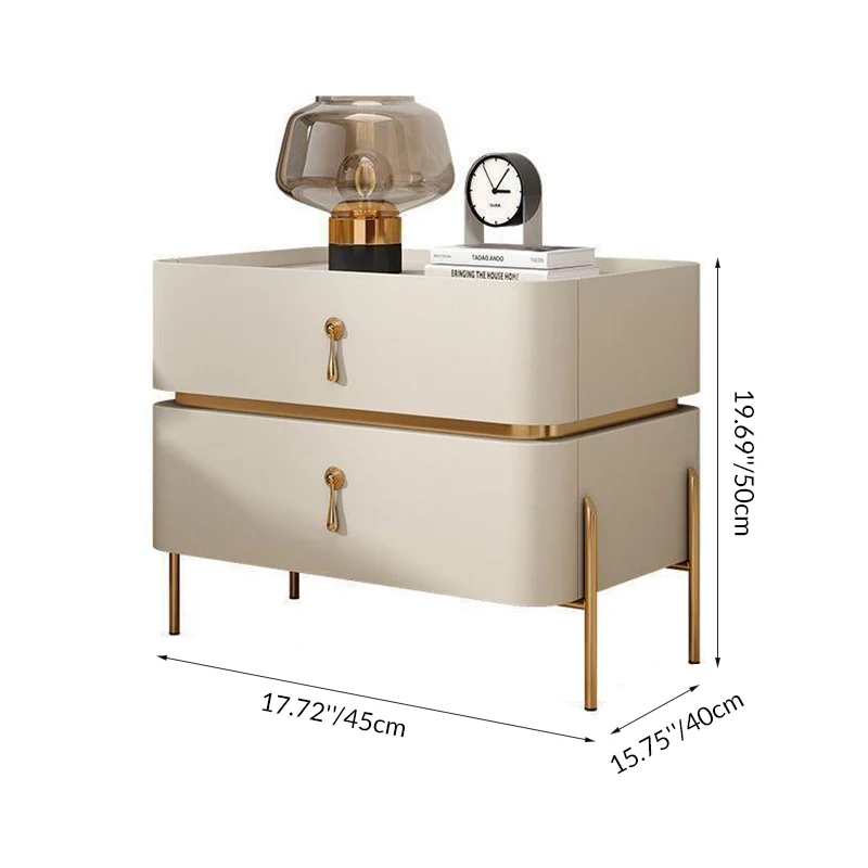 Contemporary Luxury Cuboid MDF PU Leather Rock Board Carbon Steel Metal Nightstand 2-Drawer For Bedroom