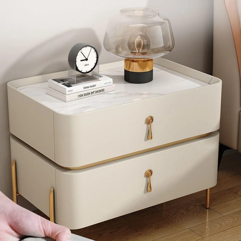 Contemporary Luxury Cuboid MDF PU Leather Rock Board Carbon Steel Metal Nightstand 2-Drawer For Bedroom