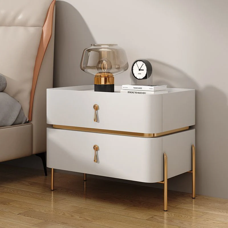 Contemporary Luxury Cuboid MDF PU Leather Rock Board Carbon Steel Metal Nightstand 2-Drawer For Bedroom