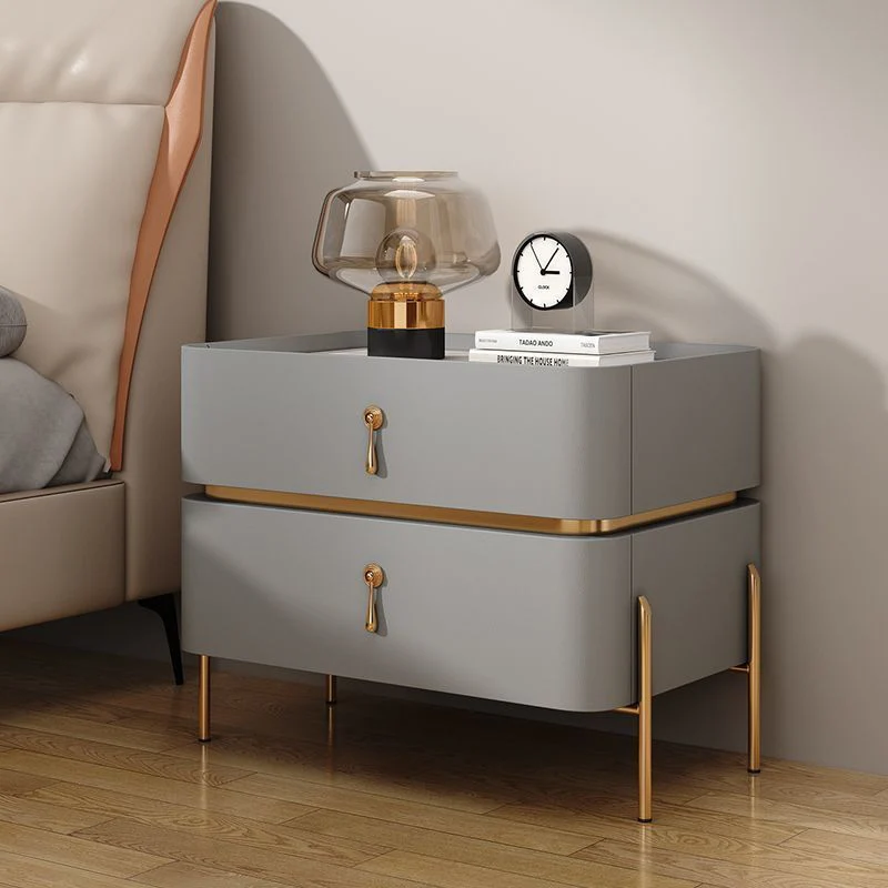 Contemporary Luxury Cuboid MDF PU Leather Rock Board Carbon Steel Metal Nightstand 2-Drawer For Bedroom