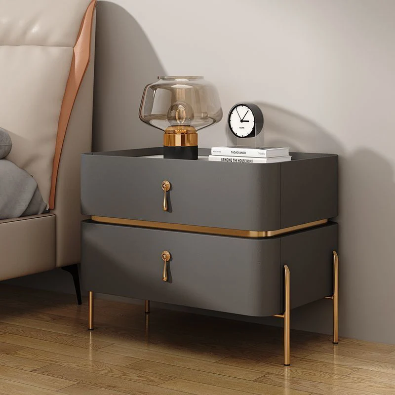 Contemporary Luxury Cuboid MDF PU Leather Rock Board Carbon Steel Metal Nightstand 2-Drawer For Bedroom