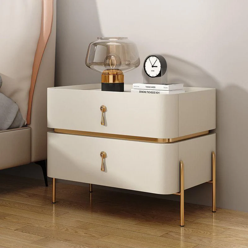 Contemporary Luxury Cuboid MDF PU Leather Rock Board Carbon Steel Metal Nightstand 2-Drawer For Bedroom