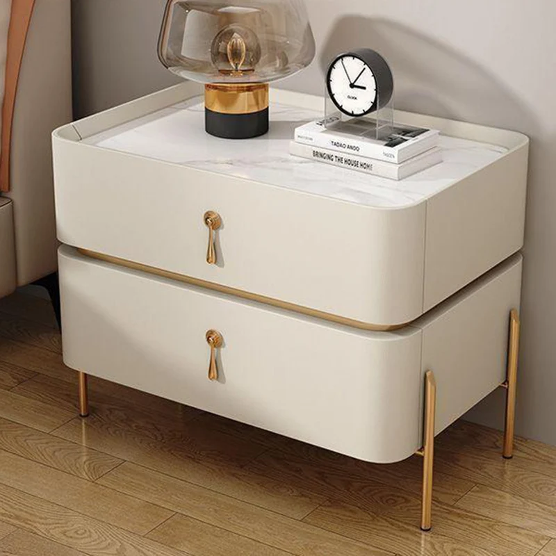 Contemporary Luxury Cuboid MDF PU Leather Rock Board Carbon Steel Metal Nightstand 2-Drawer For Bedroom