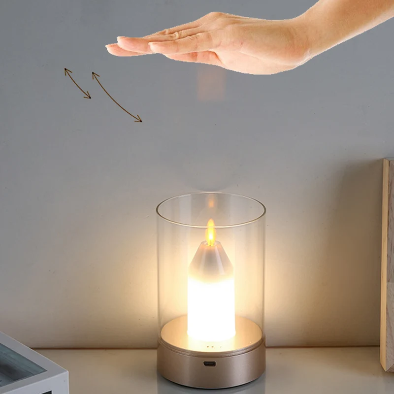 Modern Art Deco Candle Glass PVC Infrared Sensing Portable USB LED Night Light Table Lamp For Bedroom