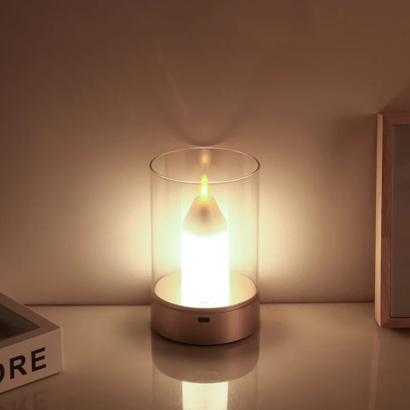 Modern Art Deco Candle Glass PVC Infrared Sensing Portable USB LED Night Light Table Lamp For Bedroom