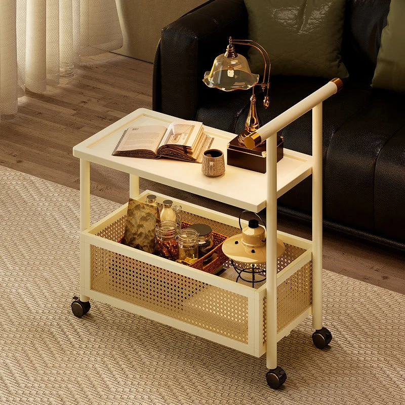 Traditional Chinese Bamboo Plastic Rattan Composite Panel Hollow Rectangular Mobile Side Table 2-Tier For Living Room