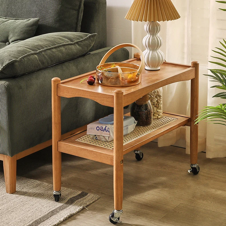 Traditional Japanese Rubberwood Rectangular Top Rattan Side Table 2-Tier Storage Shelves With Casters For Living Room