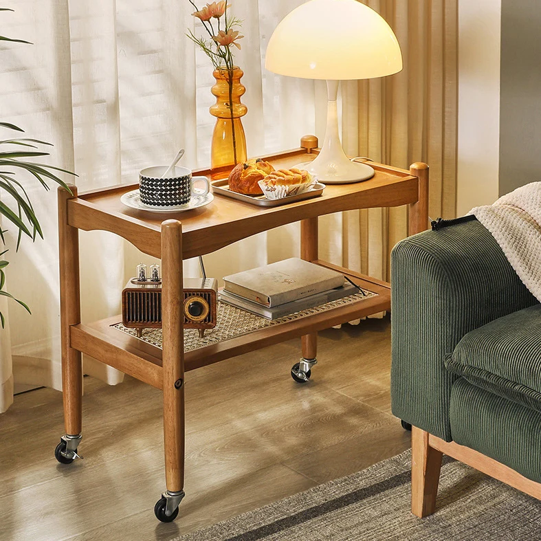 Traditional Japanese Rubberwood Rectangular Top Rattan Side Table 2-Tier Storage Shelves With Casters For Living Room