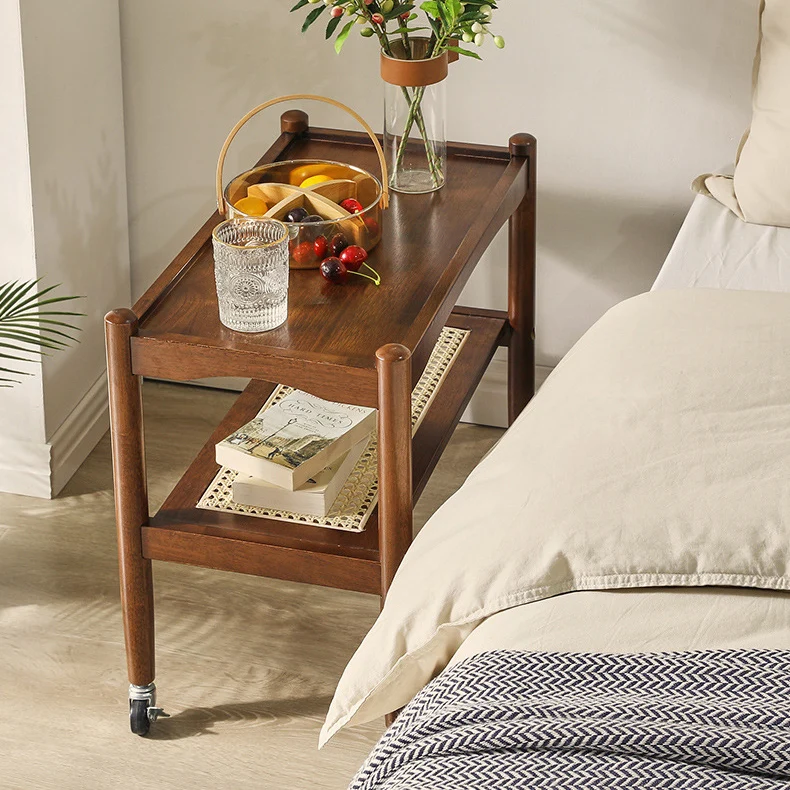 Traditional Japanese Rubberwood Rectangular Top Rattan Side Table 2-Tier Storage Shelves With Casters For Living Room
