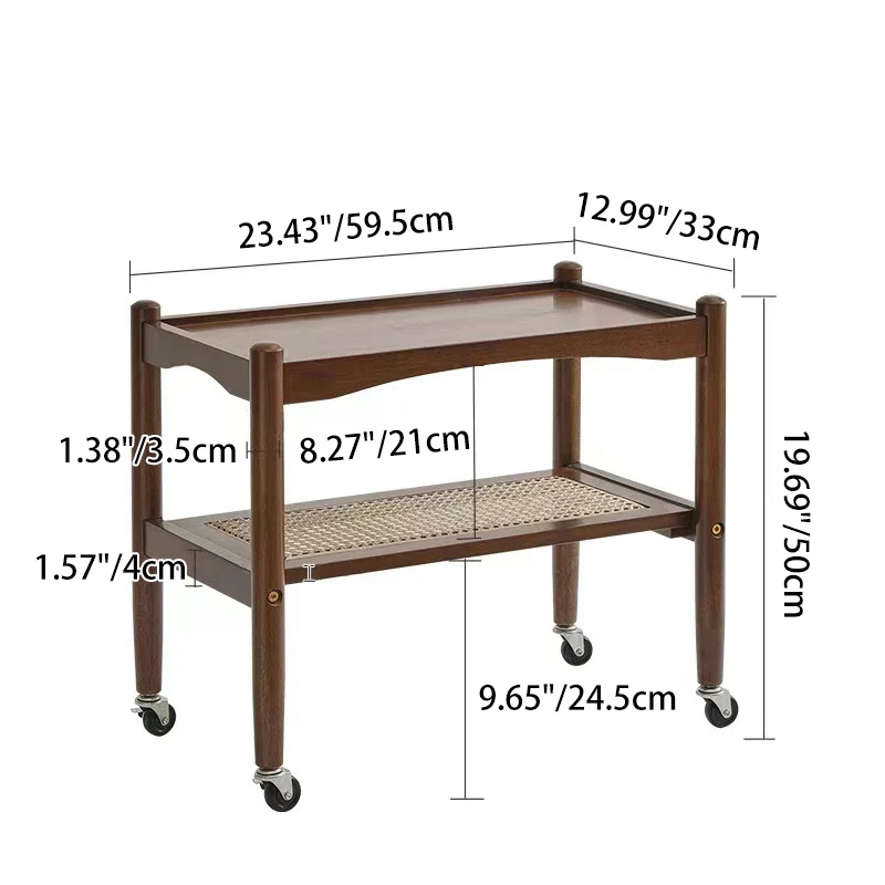 Traditional Japanese Rubberwood Rectangular Top Rattan Side Table 2-Tier Storage Shelves With Casters For Living Room