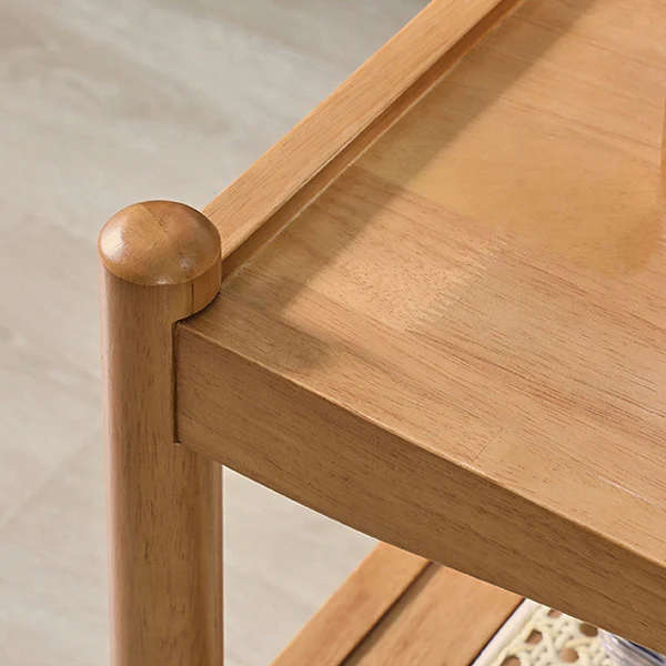 Traditional Japanese Rubberwood Rectangular Top Rattan Side Table 2-Tier Storage Shelves With Casters For Living Room