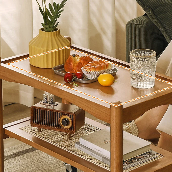 Traditional Japanese Rubberwood Rectangular Top Rattan Side Table 2-Tier Storage Shelves With Casters For Living Room