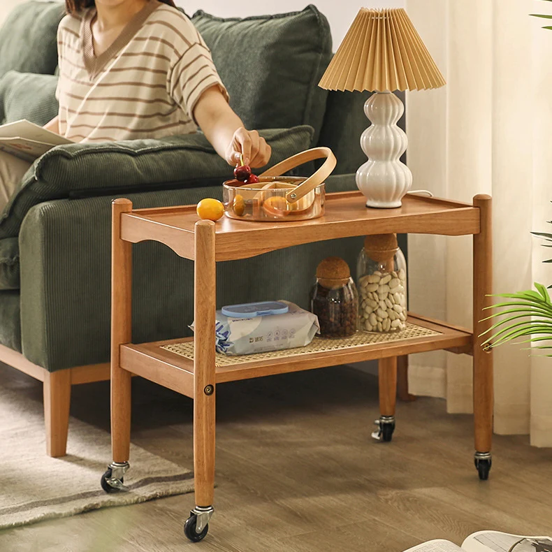 Traditional Japanese Rubberwood Rectangular Top Rattan Side Table 2-Tier Storage Shelves With Casters For Living Room