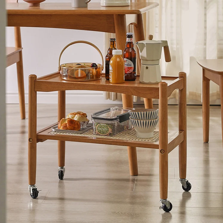 Traditional Japanese Rubberwood Rectangular Top Rattan Side Table 2-Tier Storage Shelves With Casters For Living Room