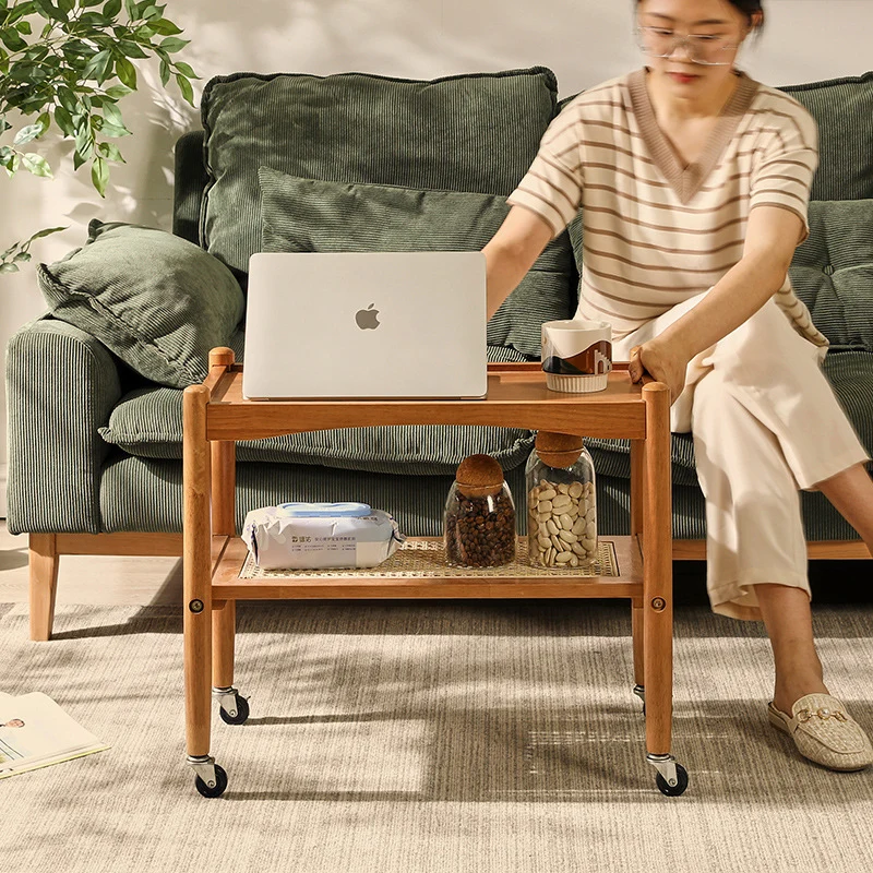 Traditional Japanese Rubberwood Rectangular Top Rattan Side Table 2-Tier Storage Shelves With Casters For Living Room
