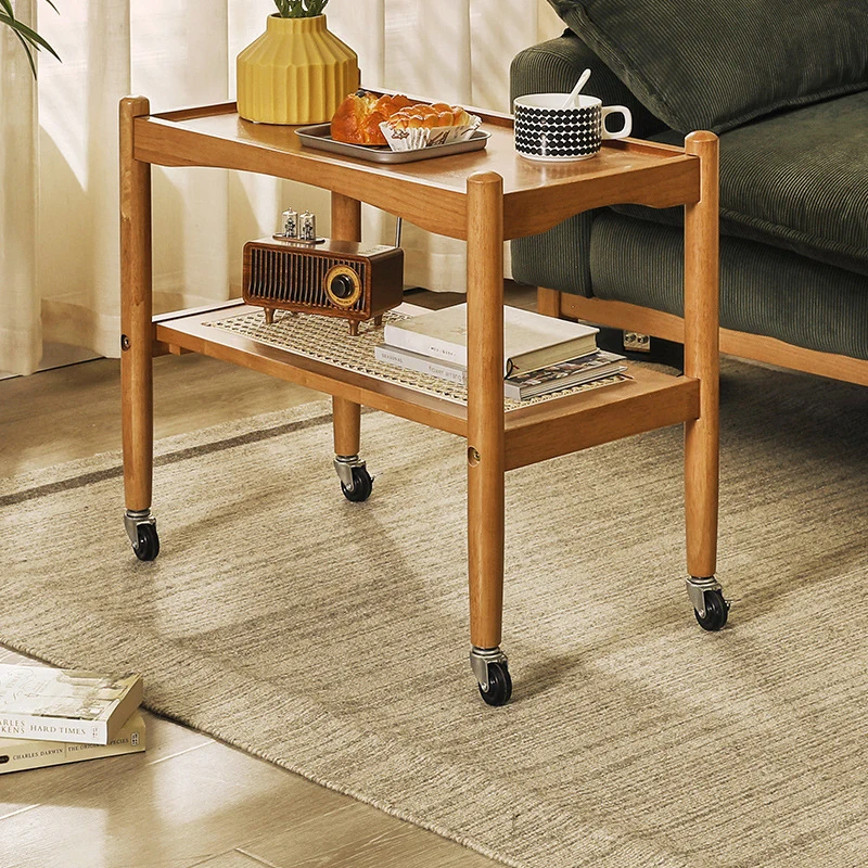 Traditional Japanese Rubberwood Rectangular Top Rattan Side Table 2-Tier Storage Shelves With Casters For Living Room
