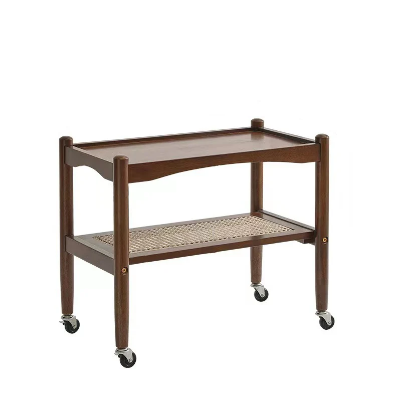 Traditional Japanese Rubberwood Rectangular Top Rattan Side Table 2-Tier Storage Shelves With Casters For Living Room