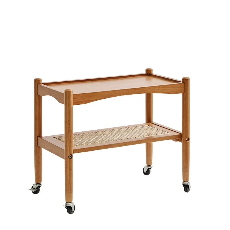 Traditional Japanese Rubberwood Rectangular Top Rattan Side Table 2-Tier Storage Shelves With Casters For Living Room