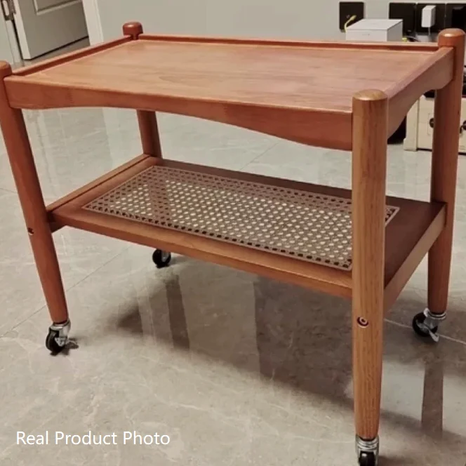 Traditional Japanese Rubberwood Rectangular Top Rattan Side Table 2-Tier Storage Shelves With Casters For Living Room