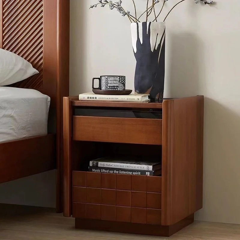 Traditional Vintage Square Pine Wood Cherry Wood Glass Metal Nightstand 2-Drawer For Bedroom