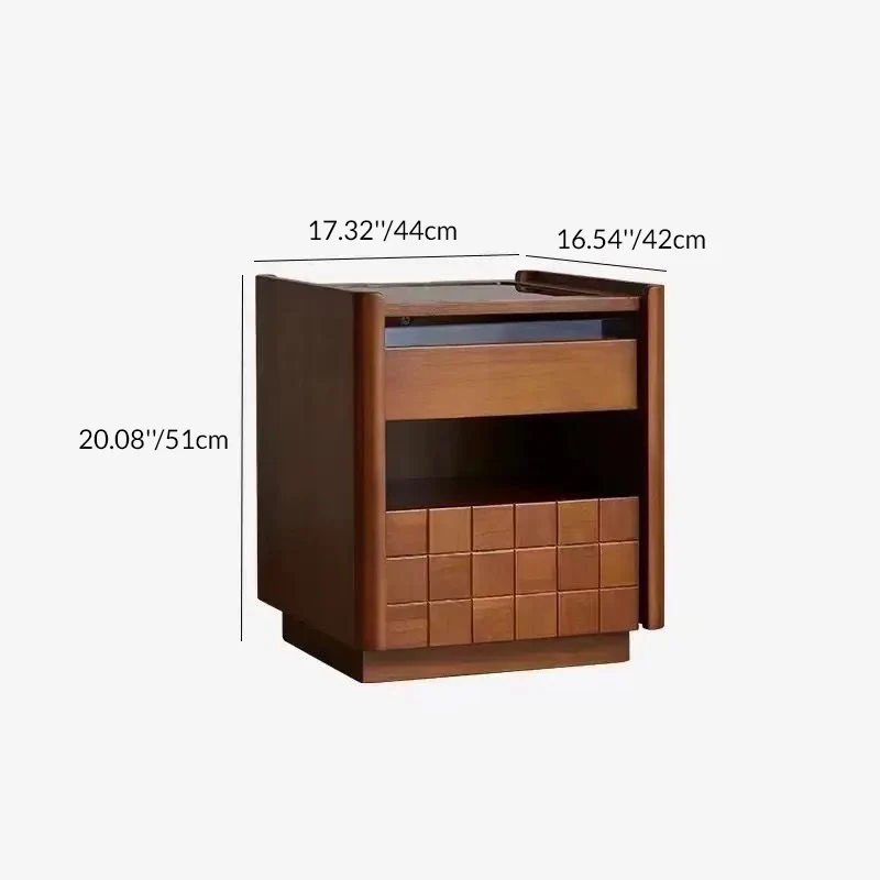 Traditional Vintage Square Pine Wood Cherry Wood Glass Metal Nightstand 2-Drawer For Bedroom