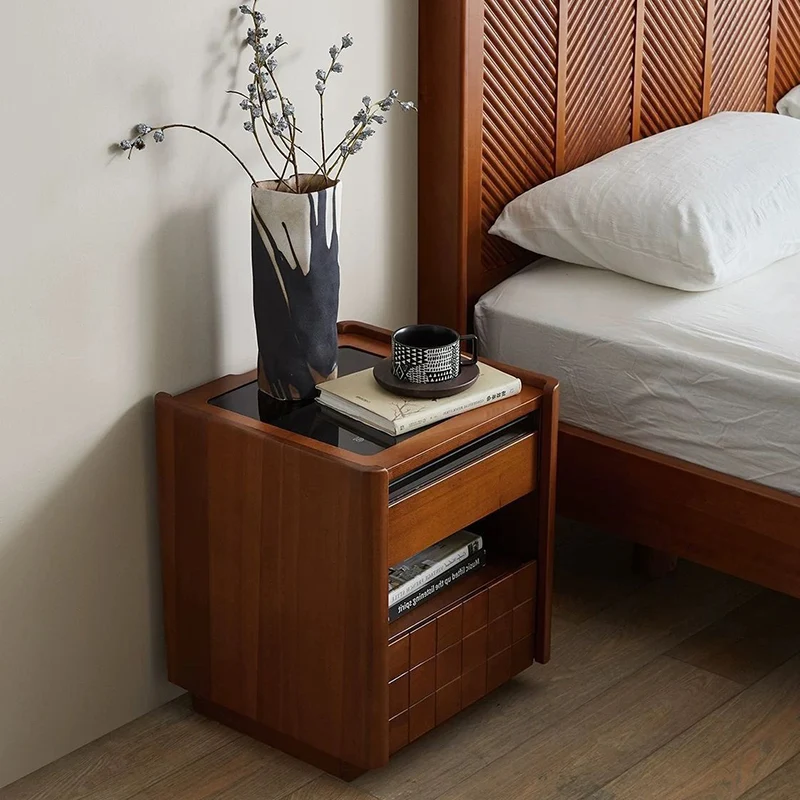 Traditional Vintage Square Pine Wood Cherry Wood Glass Metal Nightstand 2-Drawer For Bedroom