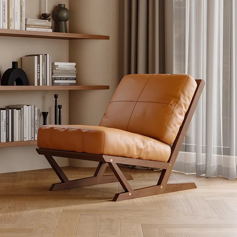 Contemporary Scandinavian Rectangular Oak Faux Nappa Leather Sponge Accent Chair Backrest Armless For Living Room