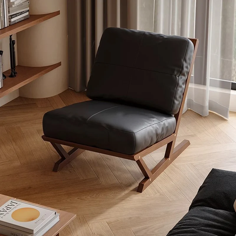Contemporary Scandinavian Rectangular Oak Faux Nappa Leather Sponge Accent Chair Backrest Armless For Living Room
