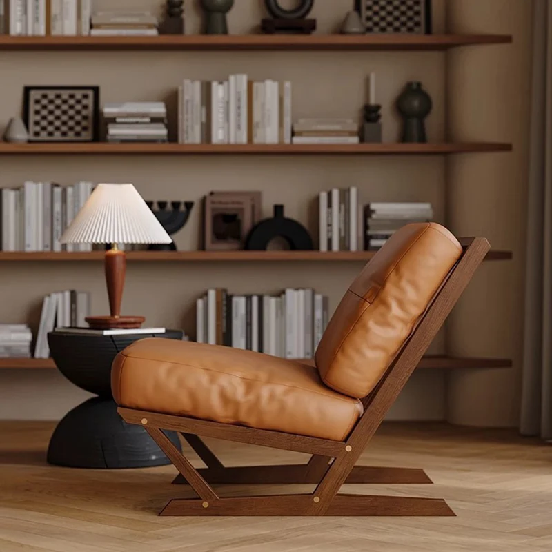 Contemporary Scandinavian Rectangular Oak Faux Nappa Leather Sponge Accent Chair Backrest Armless For Living Room
