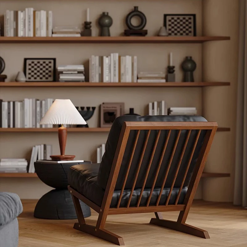 Contemporary Scandinavian Rectangular Oak Faux Nappa Leather Sponge Accent Chair Backrest Armless For Living Room