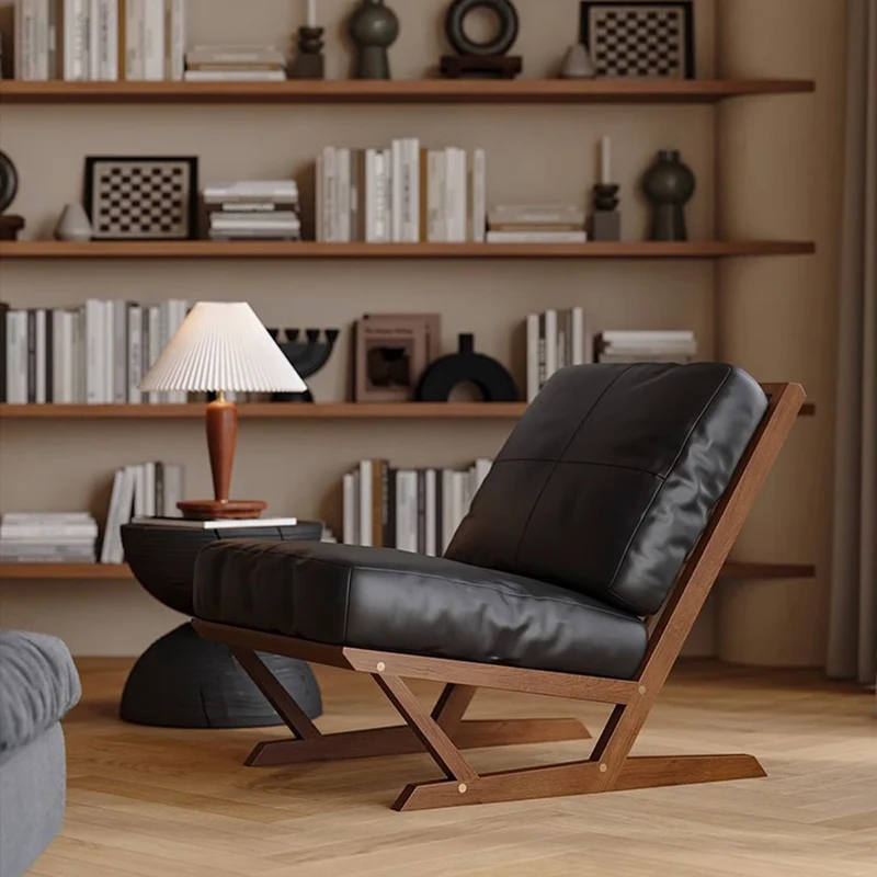Contemporary Scandinavian Rectangular Oak Faux Nappa Leather Sponge Accent Chair Backrest Armless For Living Room