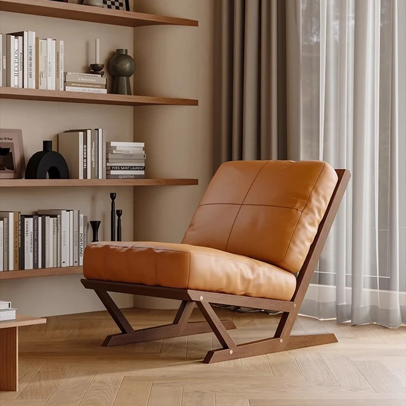 Contemporary Scandinavian Rectangular Oak Faux Nappa Leather Sponge Accent Chair Backrest Armless For Living Room