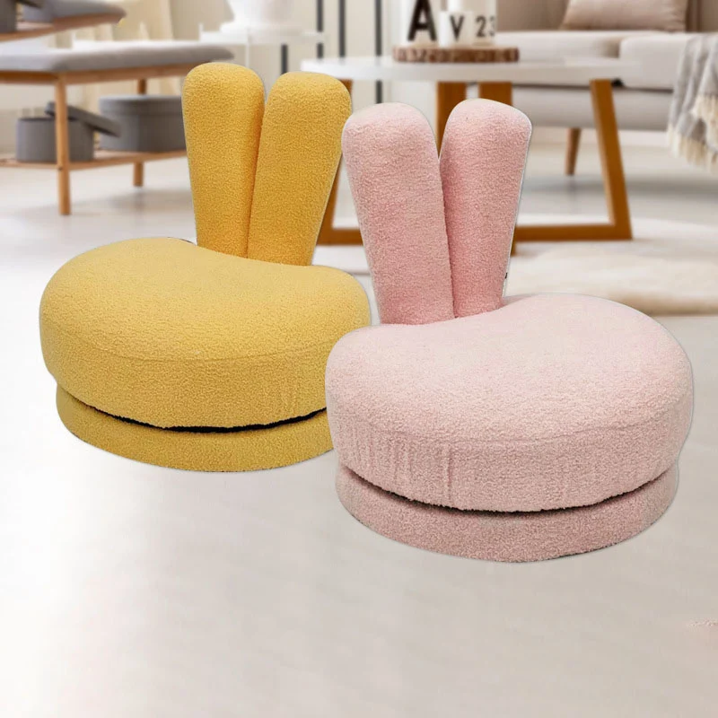 Modern Minimalist Kids Sherpa Fabric Pine Wood Round Bunny-Ear Low Stool With Backrest For Living Room