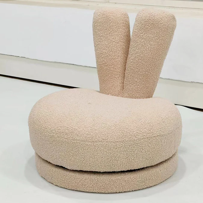 Modern Minimalist Kids Sherpa Fabric Pine Wood Round Bunny-Ear Low Stool With Backrest For Living Room