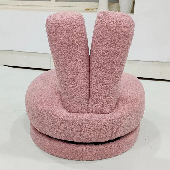 Modern Minimalist Kids Sherpa Fabric Pine Wood Round Bunny-Ear Low Stool With Backrest For Living Room