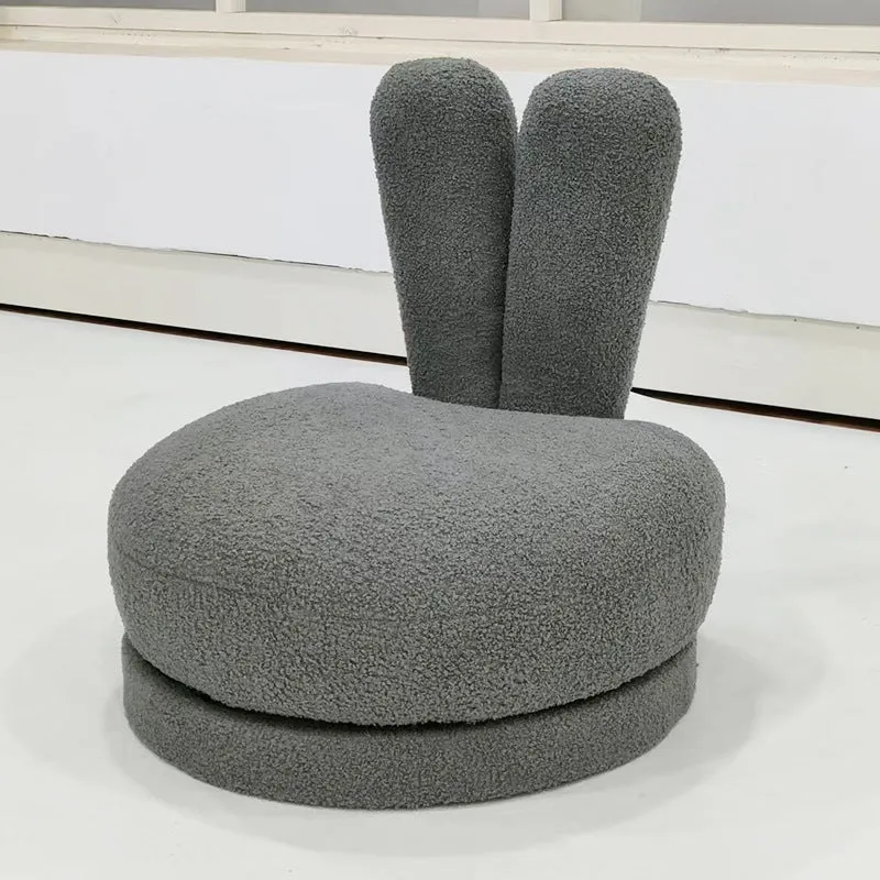 Modern Minimalist Kids Sherpa Fabric Pine Wood Round Bunny-Ear Low Stool With Backrest For Living Room