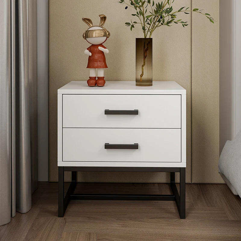 Modern Minimalist Engineered Wood Metal Square Nightstand With 2 Drawers For Bedroom