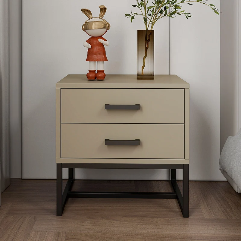 Modern Minimalist Engineered Wood Metal Square Nightstand With 2 Drawers For Bedroom